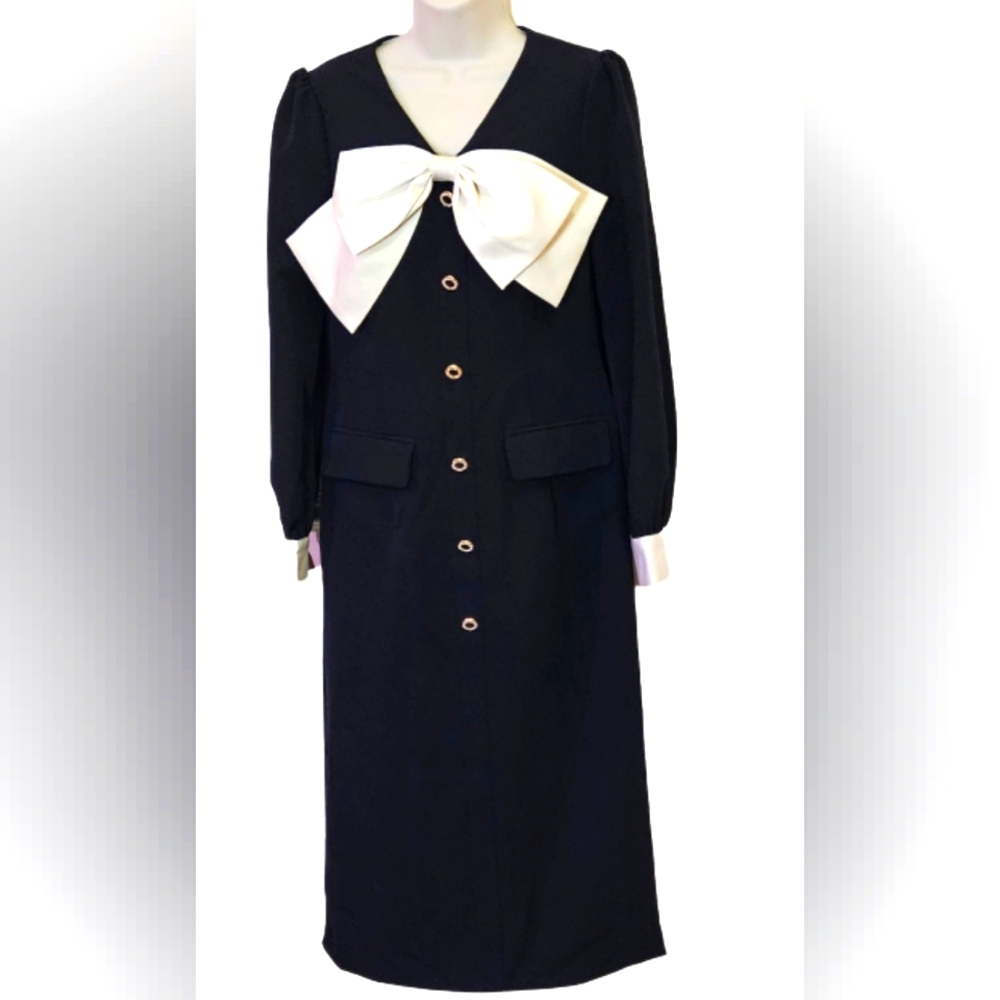 Magic Boutique Black/Cream Front Button Dress w/Trim Bow at Chest,Medium,NWT